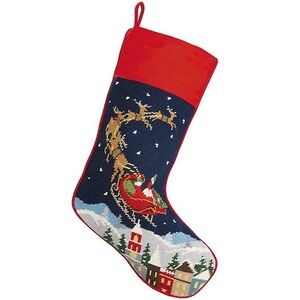 Peking Handicraft Needlepoint Christmas Stocking Santa Sleigh Reindeer NEW